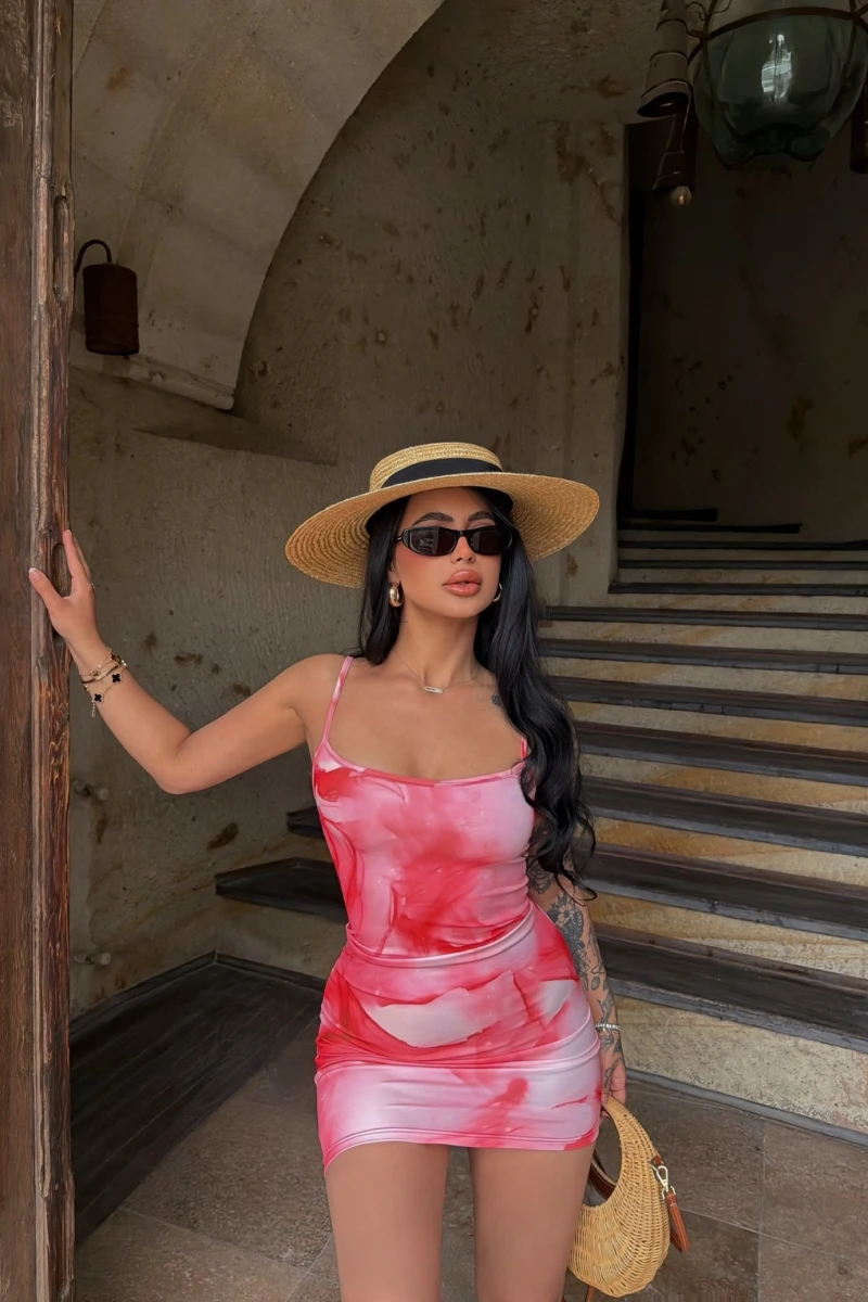 Desenli İp Askılı Digital Elbise