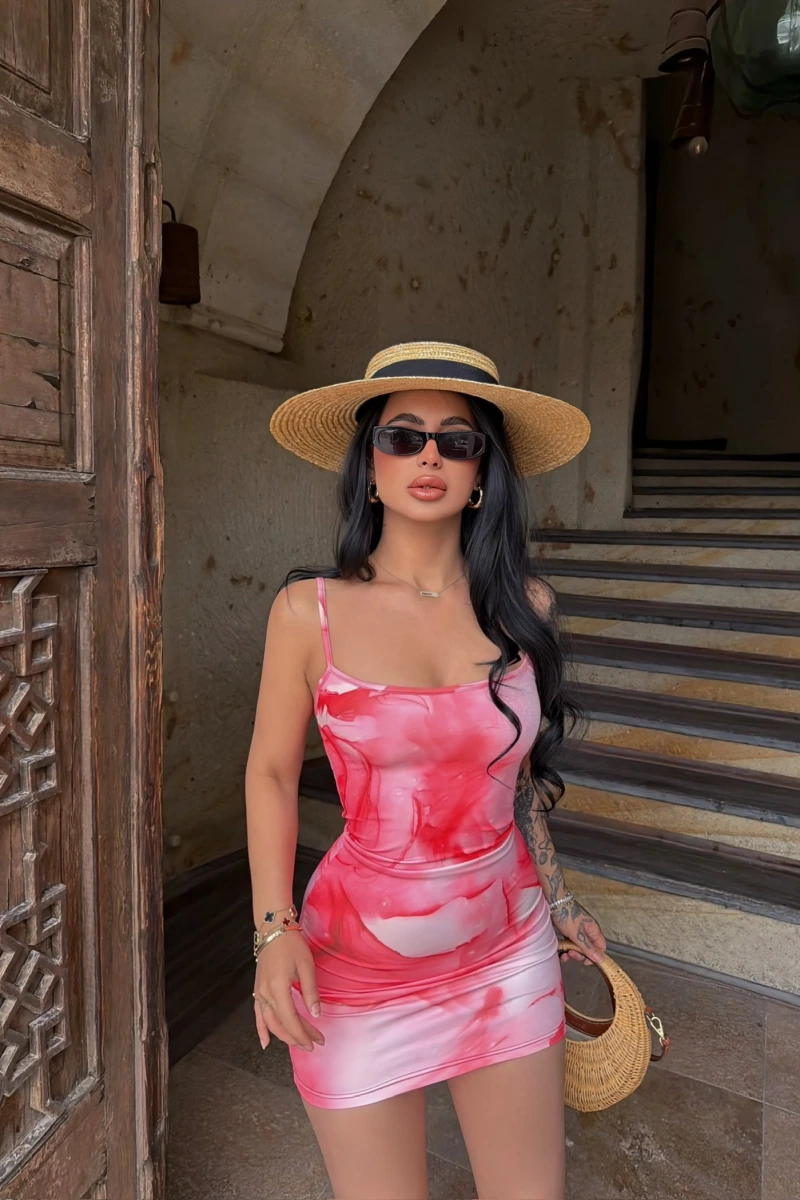 Desenli İp Askılı Digital Elbise