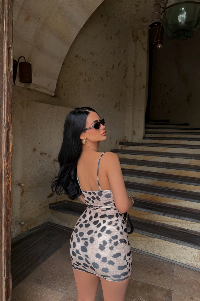 Leopar İp Askılı Digital Elbise