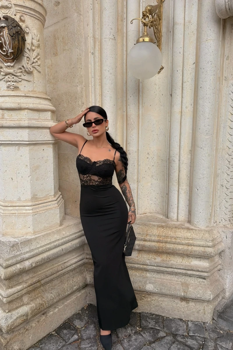 Güpürlü İp Askılı Maxi Elbise