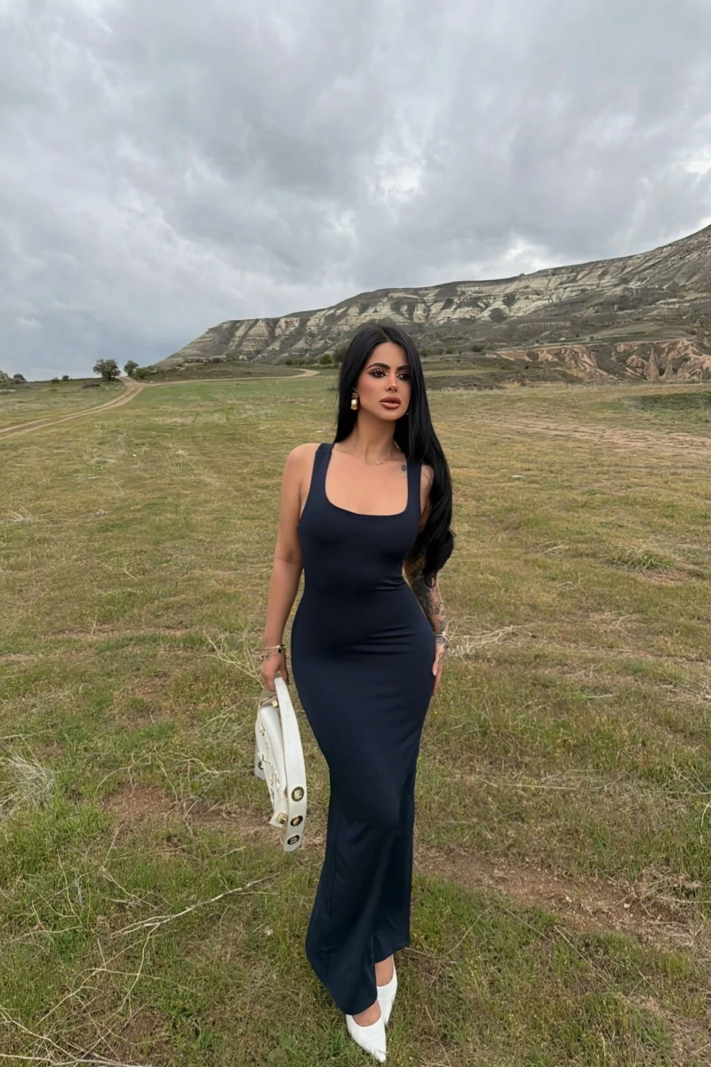 Lacivert Sırt Çapraz Maxi Elbise