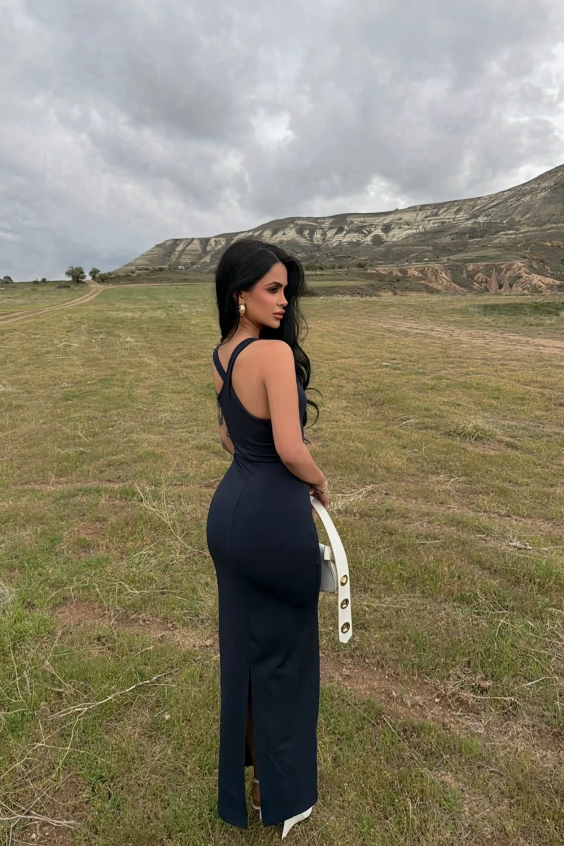 Lacivert Sırt Çapraz Maxi Elbise