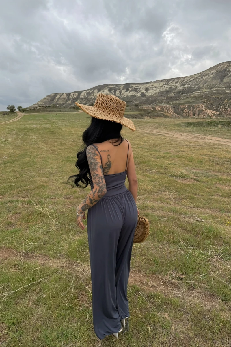 Antrasit Luxe Drapeli Askılı Tulum