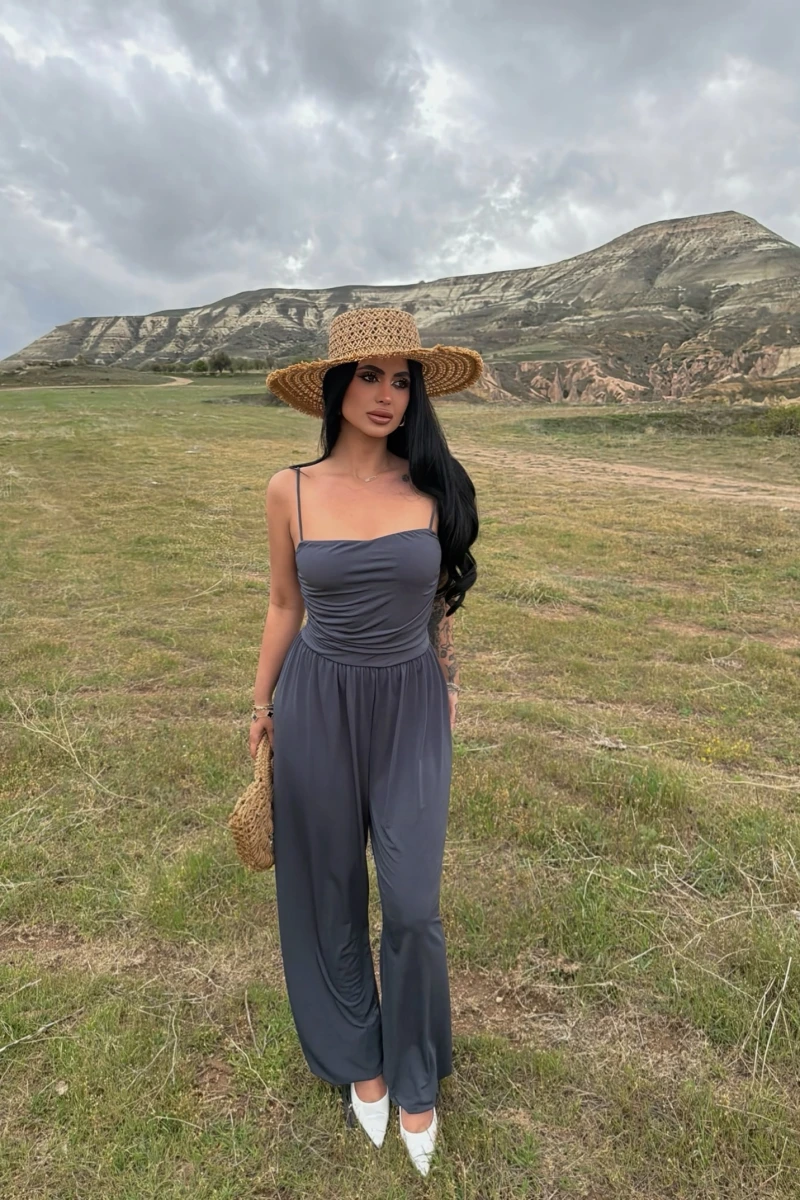 Antrasit Luxe Drapeli Askılı Tulum