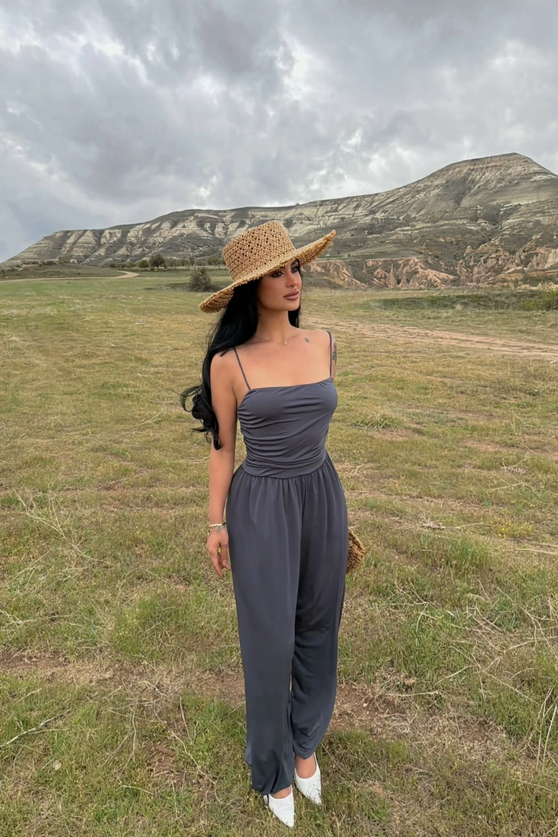 Antrasit Luxe Drapeli Askılı Tulum