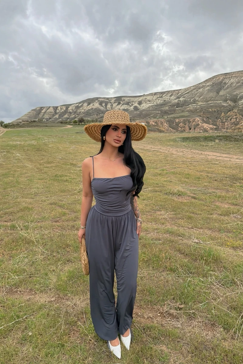 Antrasit Luxe Drapeli Askılı Tulum
