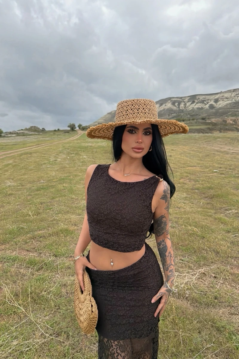 Kahve Güpürlü Büstiyer Etek İkili Takım