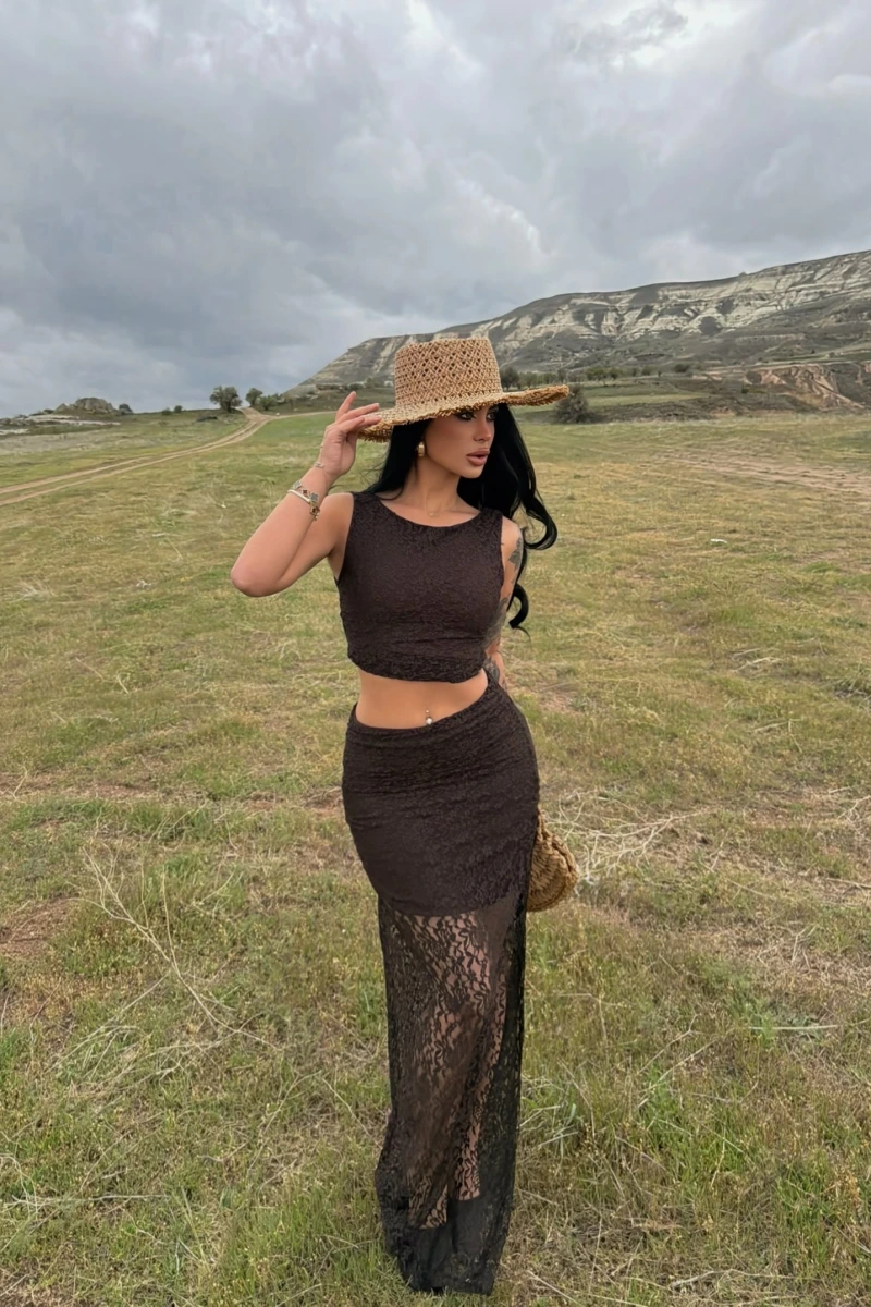 Kahve Güpürlü Büstiyer Etek İkili Takım