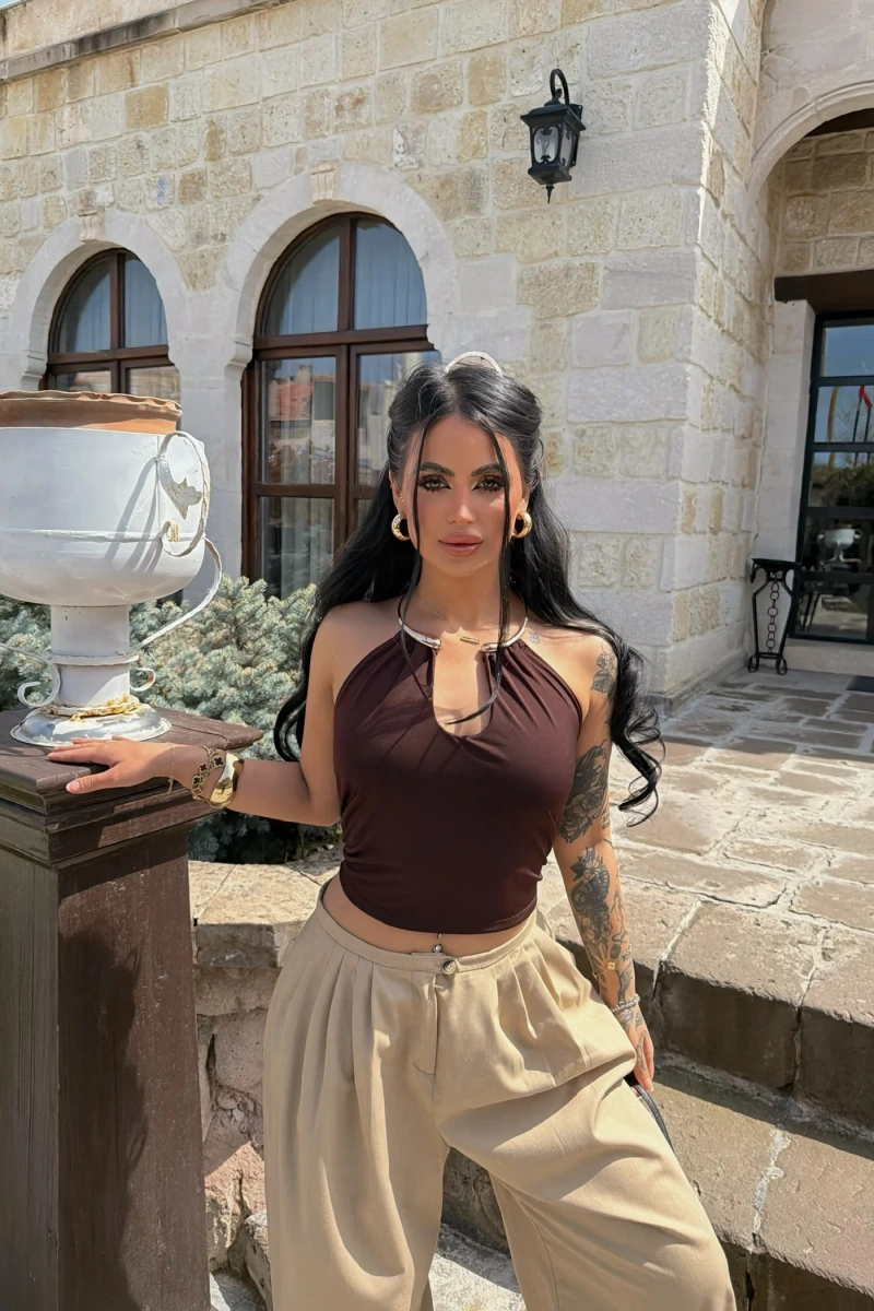 Kahve Boyundan Bağlamalı Halka Crop