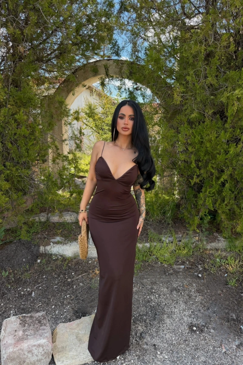 Kahve İp Askılı Maxi Basic Elbise