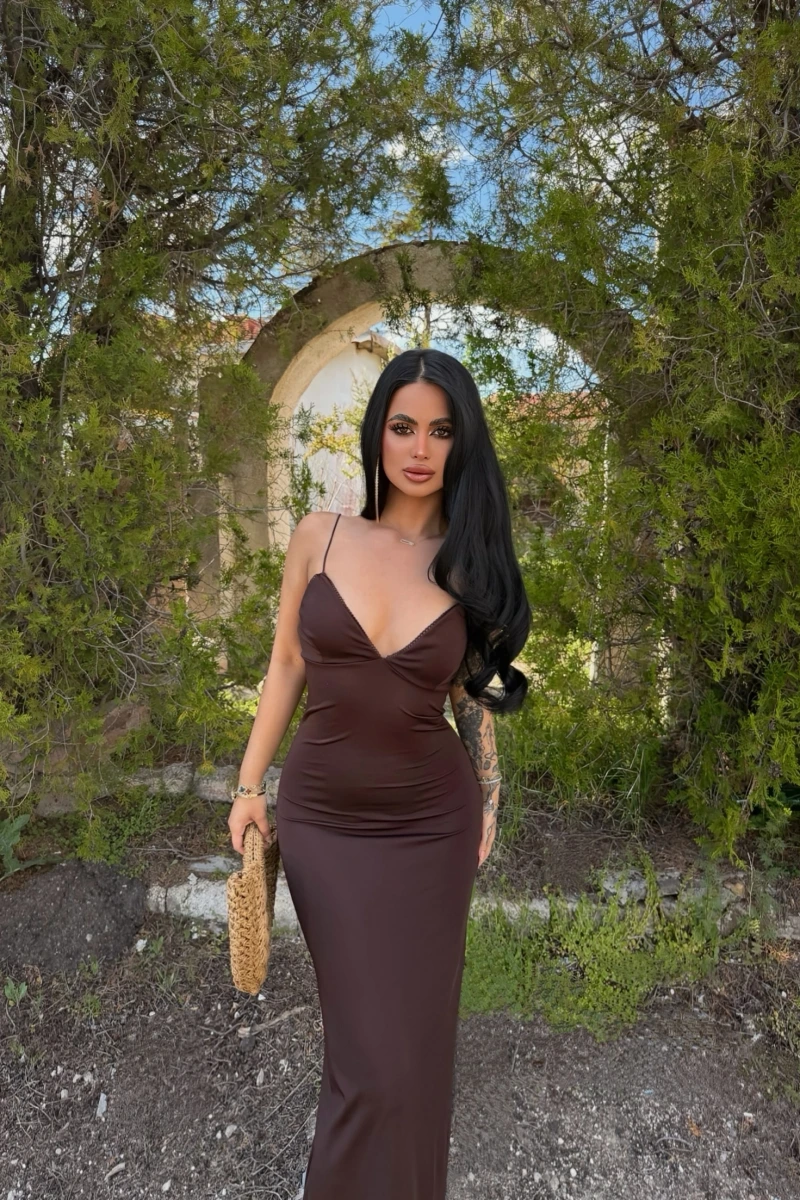 Kahve İp Askılı Maxi Basic Elbise