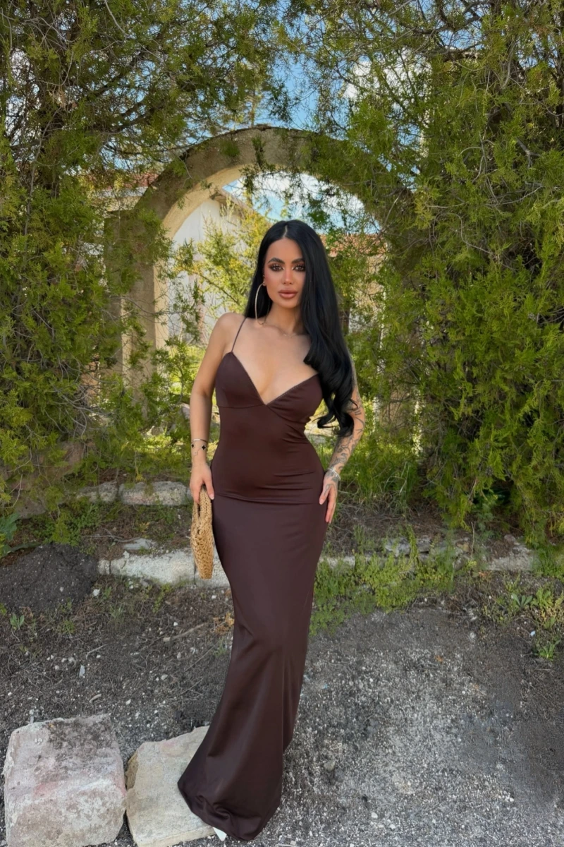 Kahve İp Askılı Maxi Basic Elbise