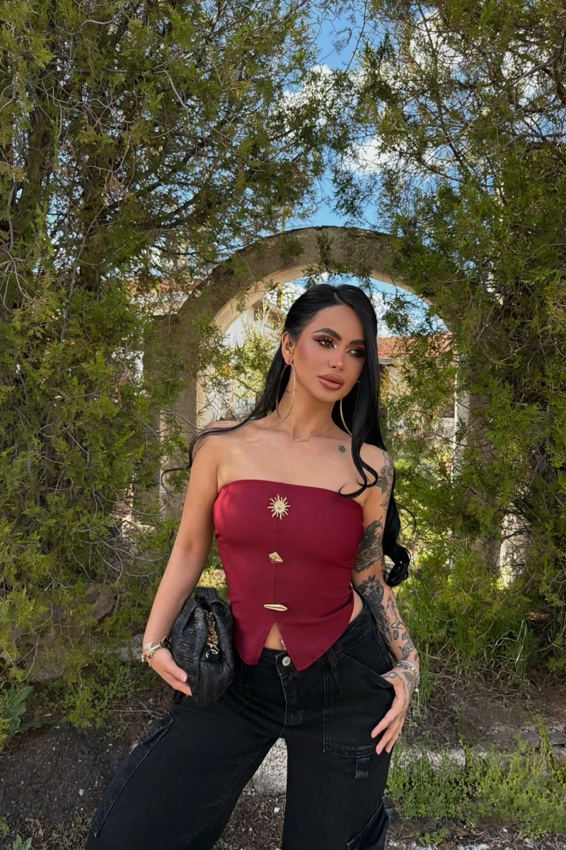 Bordo Sun Aksesuarlı Straplez Crop