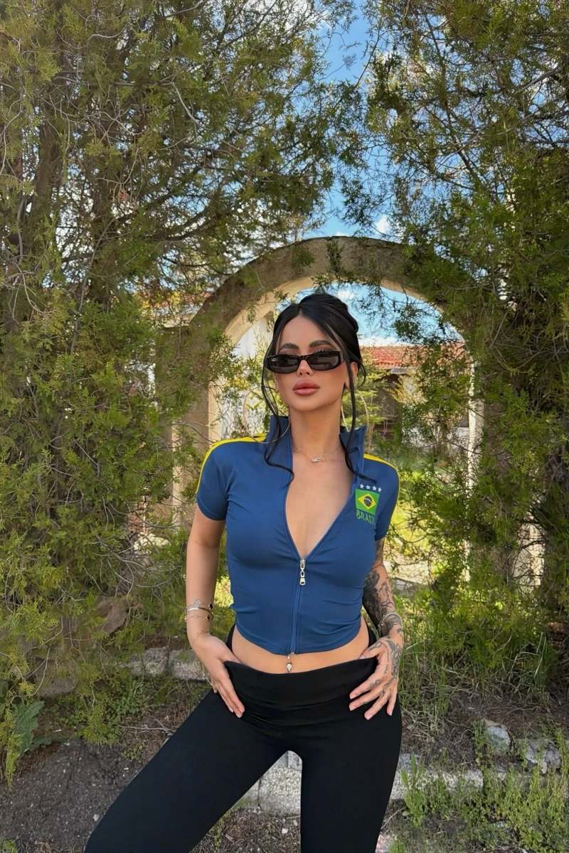 Mavi Yaka Fermuarlı Brasil Crop