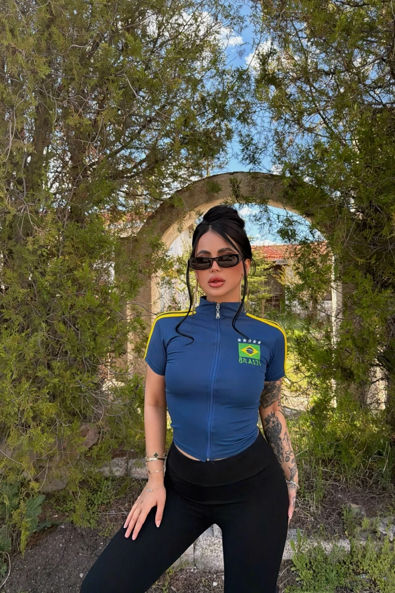 Mavi Yaka Fermuarlı Brasil Crop