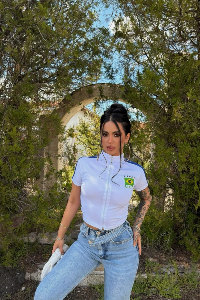 Beyaz Yaka Fermuarlı Brasil Crop