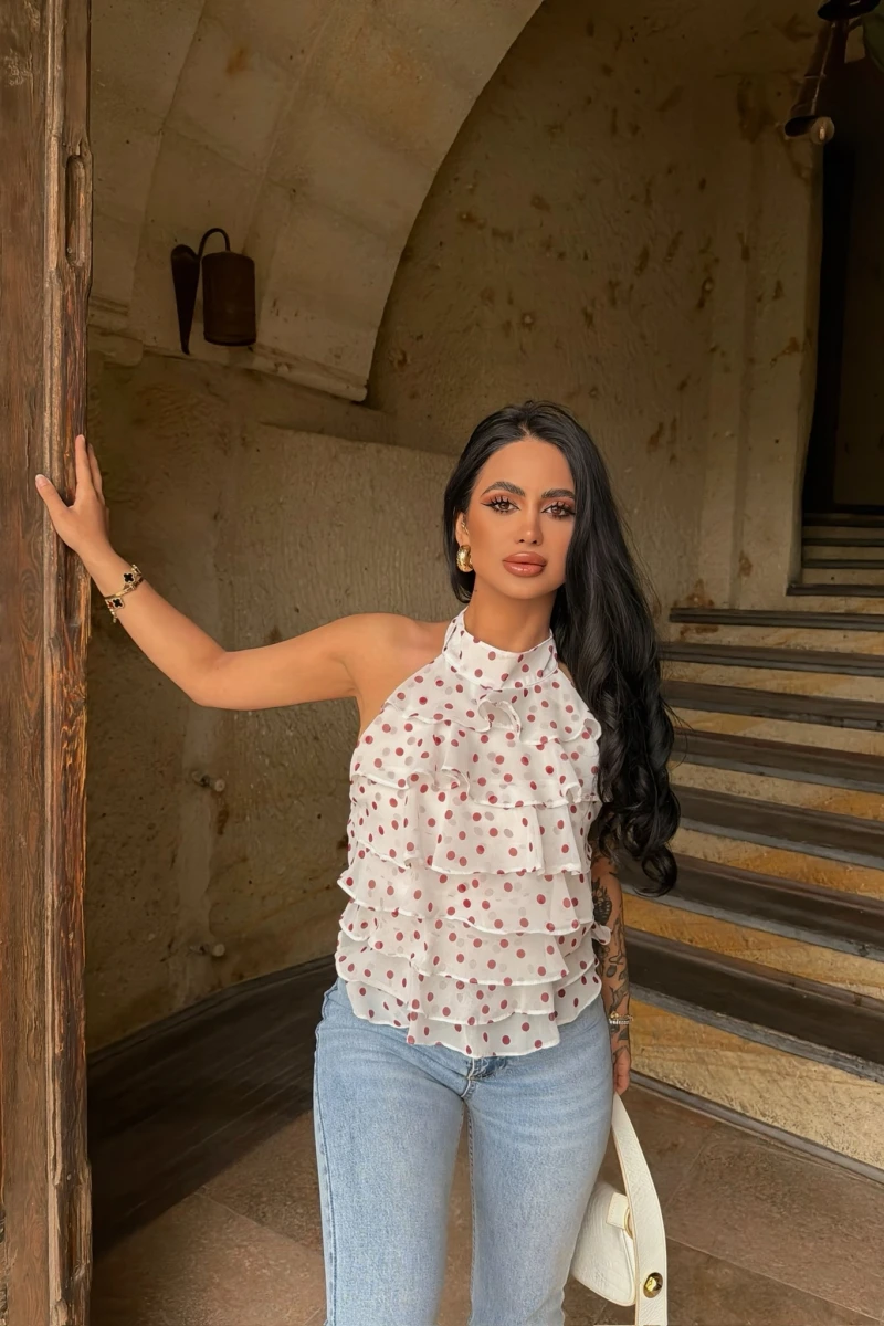 Kırmızı Puantiyeli Kat Kat Bluz