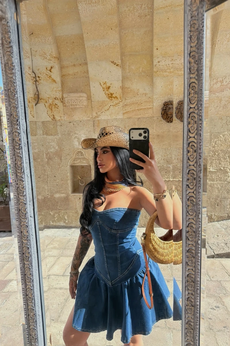Straplez Denim Çan Elbise