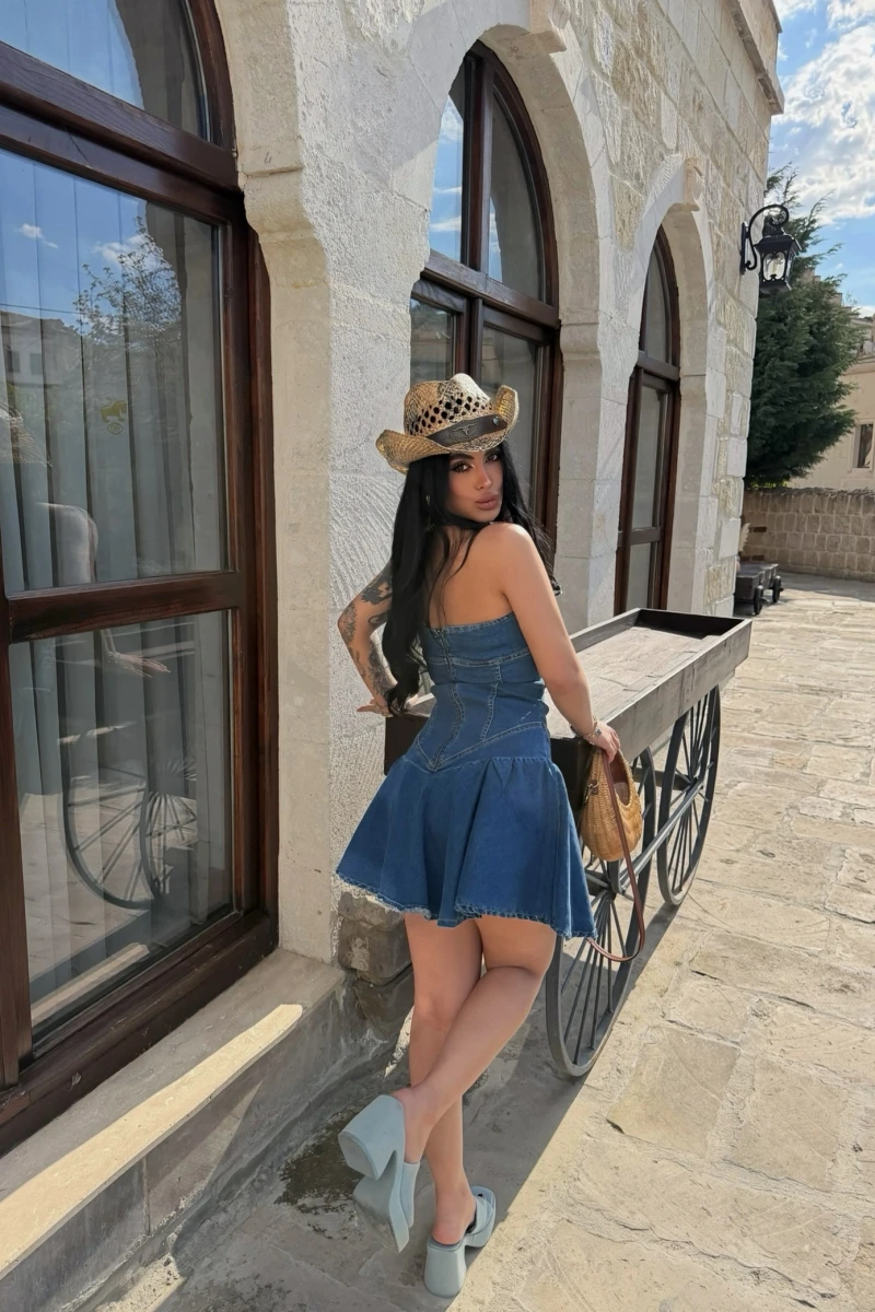 Straplez Denim Çan Elbise