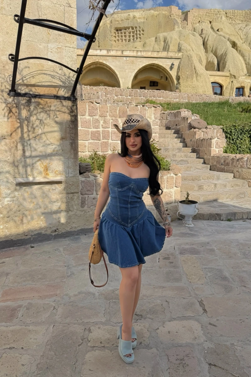 Straplez Denim Çan Elbise