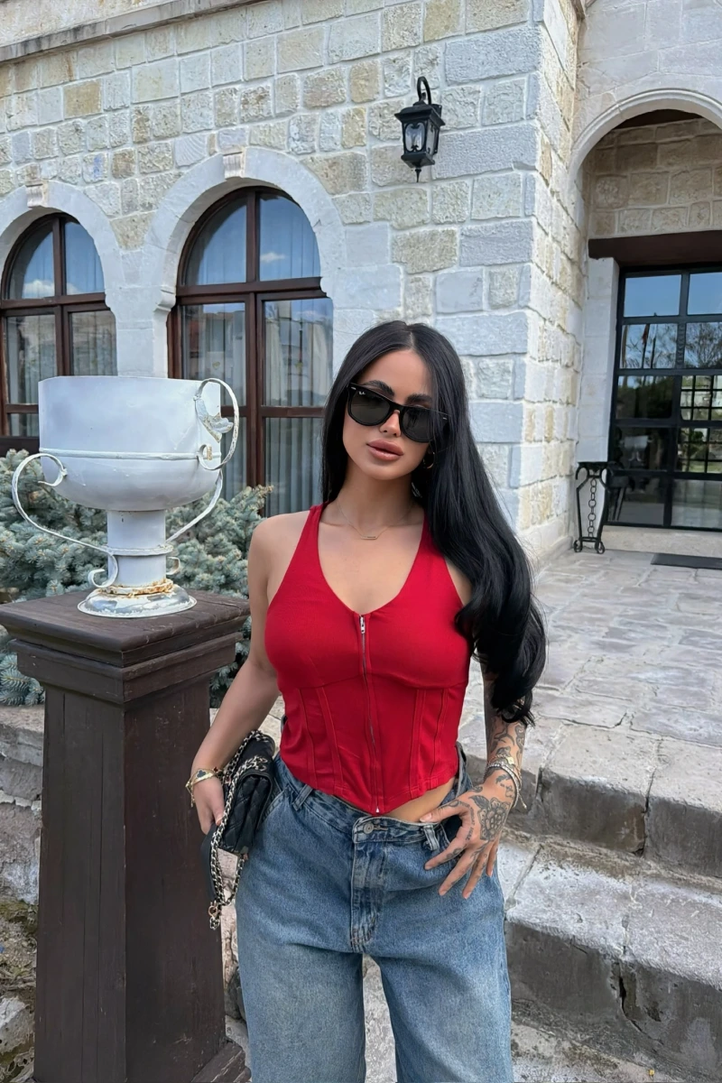 Kırmızı Fermuarlı Korse Crop