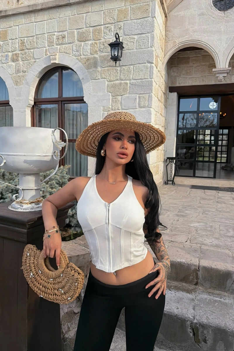 Beyaz Fermuarlı Korse Crop