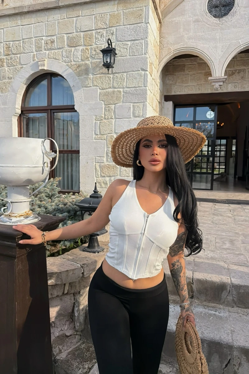 Beyaz Fermuarlı Korse Crop