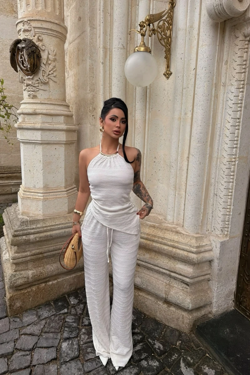 Ekru Yaka Aksesuarlı İkili Takım