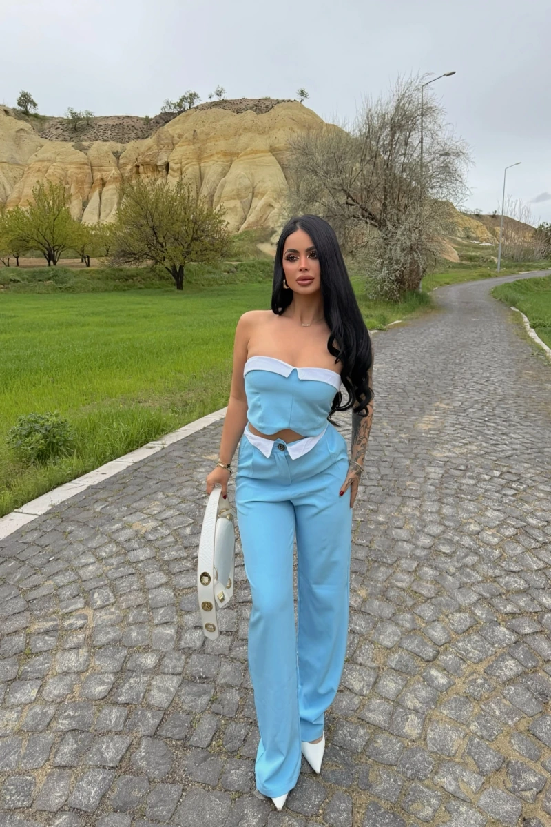 Mavi Straplez Pantolon İkili Takım