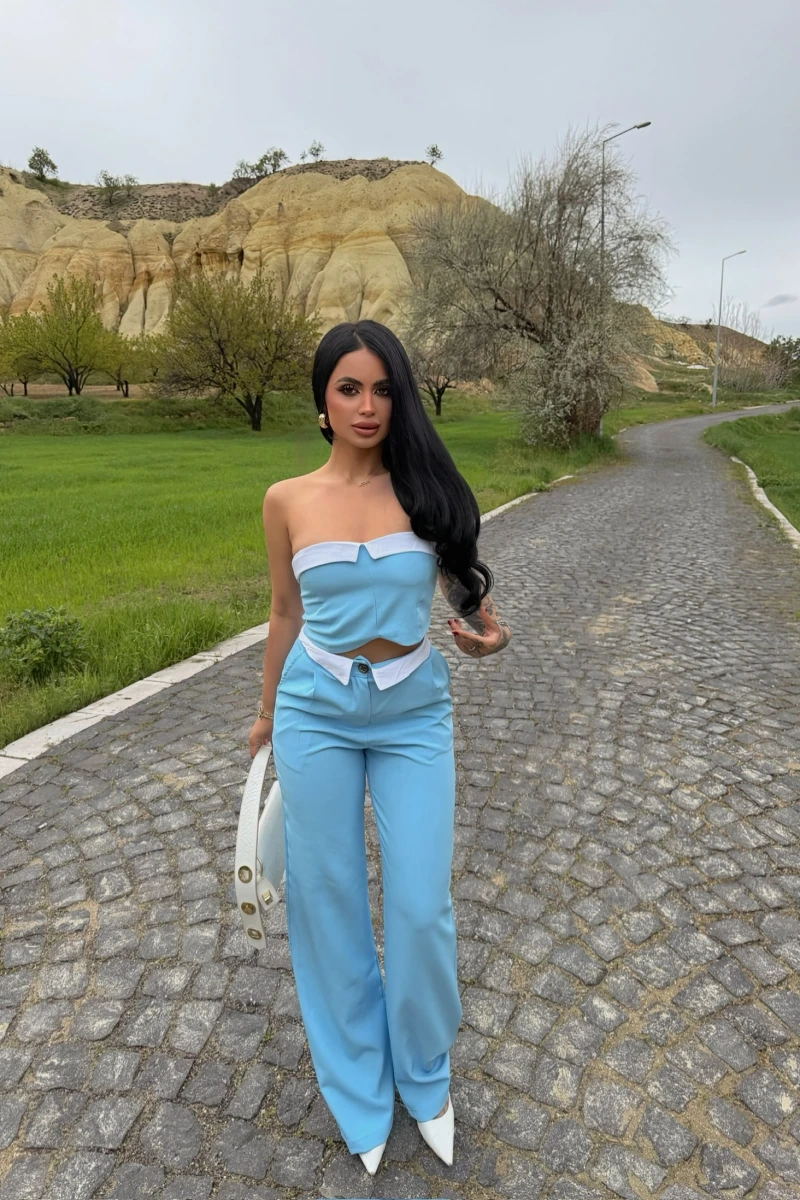 Mavi Straplez Pantolon İkili Takım