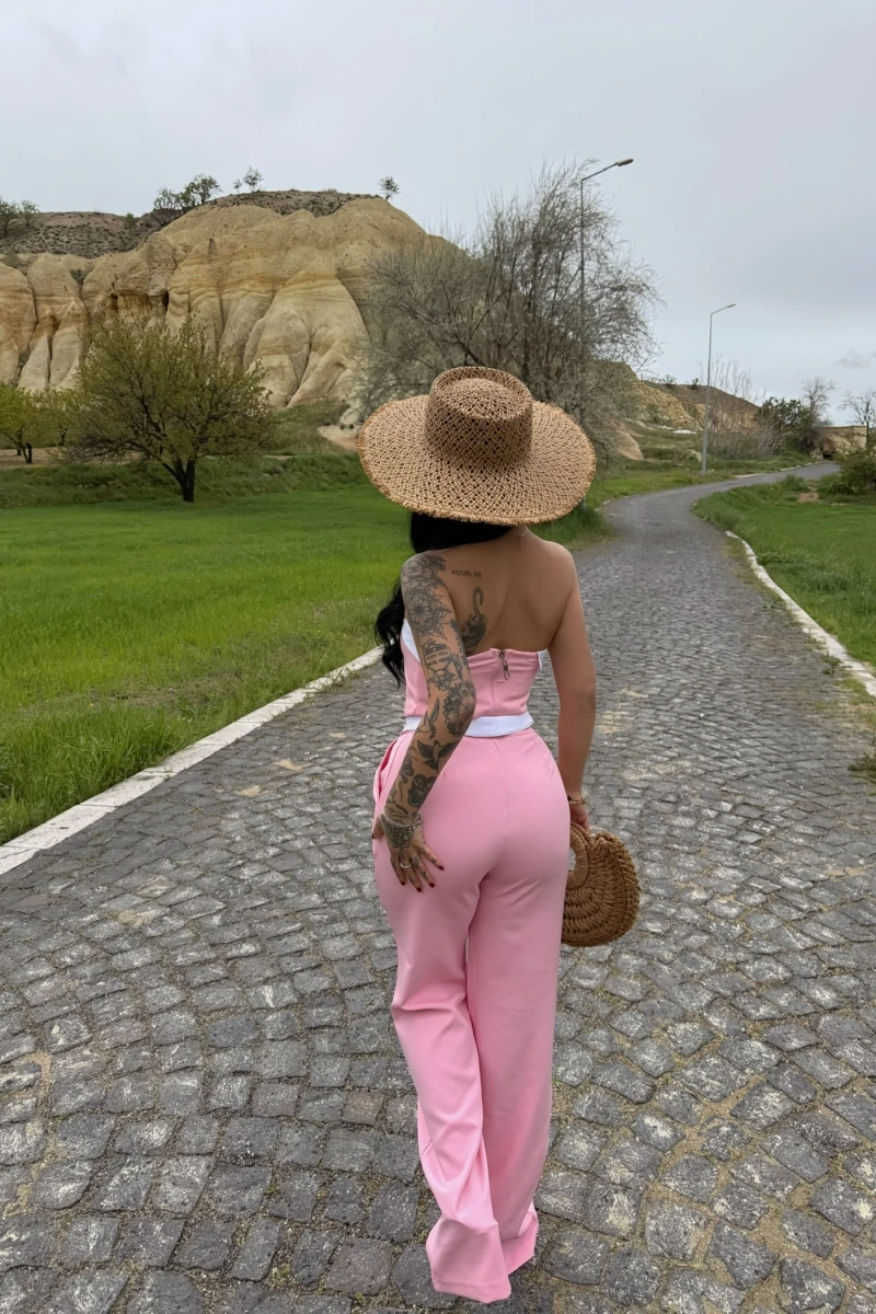 Pembe Straplez Pantolon İkili Takım
