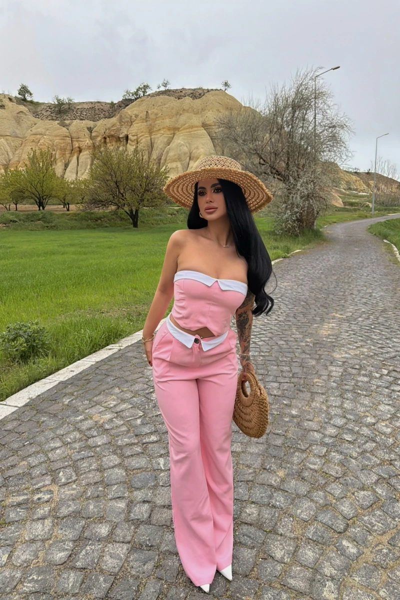 Pembe Straplez Pantolon İkili Takım
