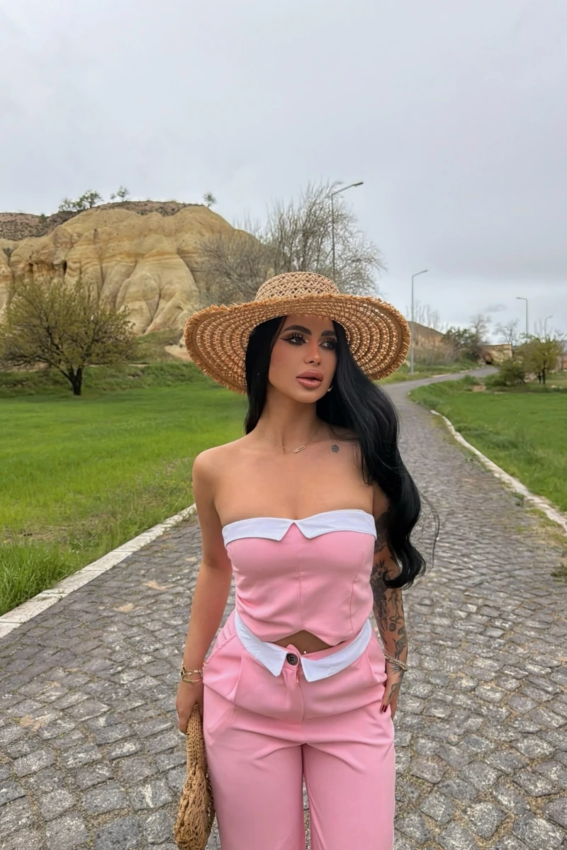 Pembe Straplez Pantolon İkili Takım