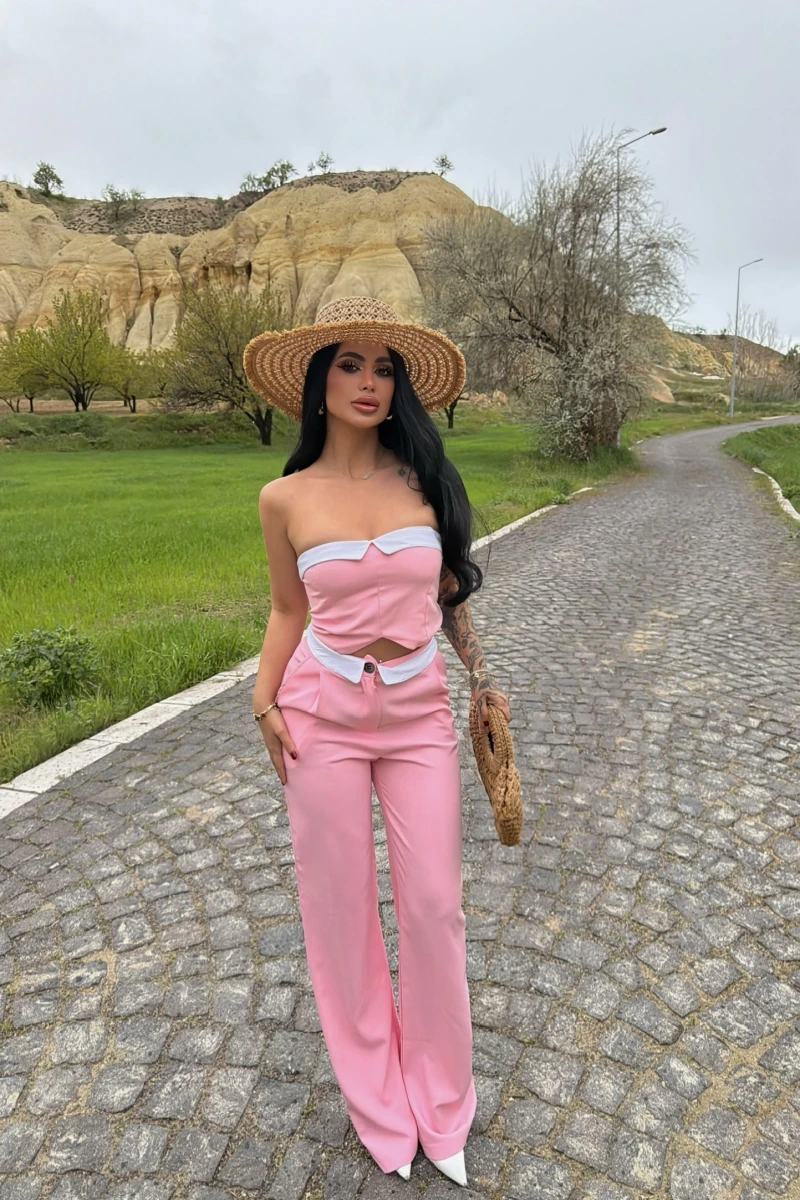 Pembe Straplez Pantolon İkili Takım