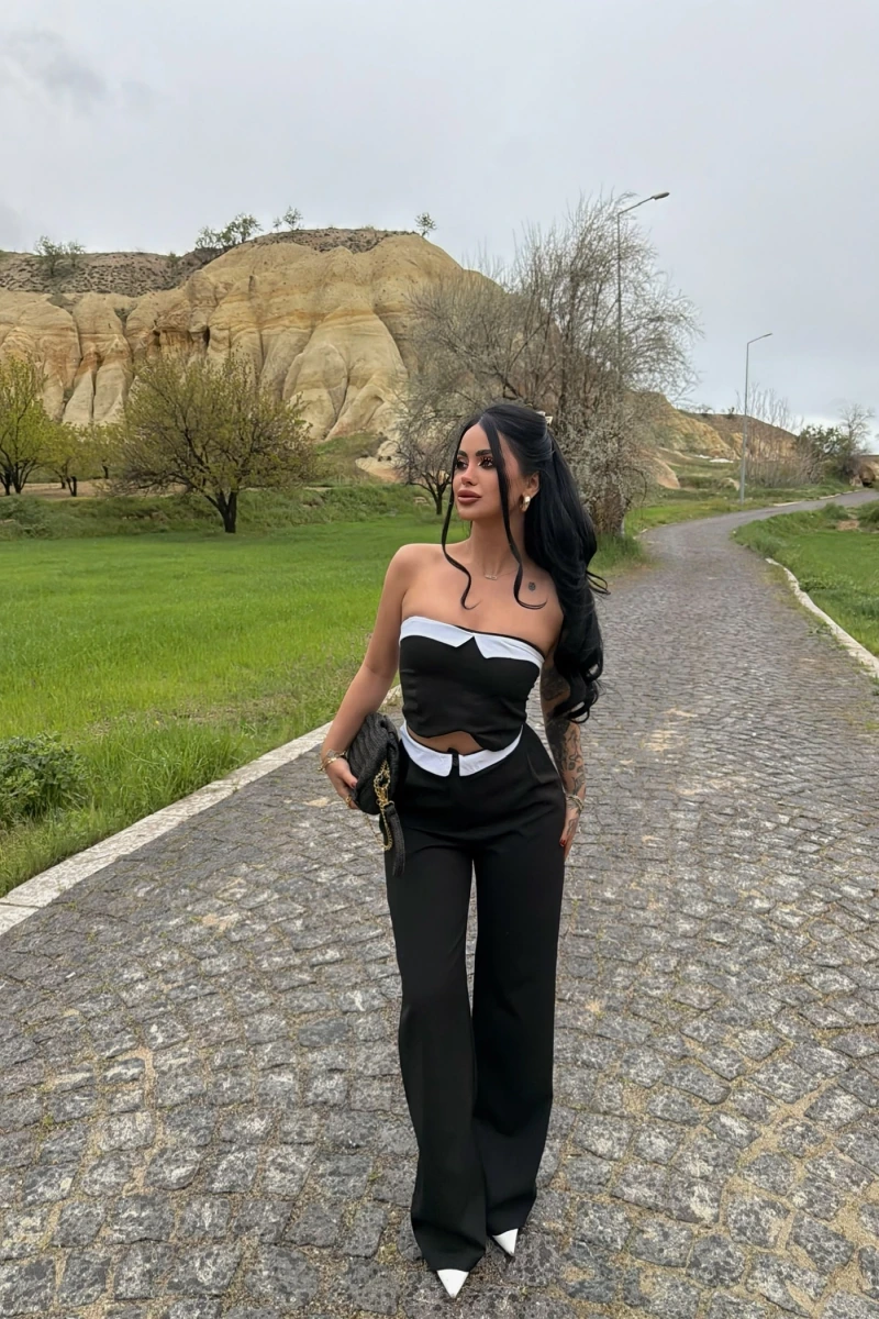 Siyah Straplez Pantolon İkili Takım