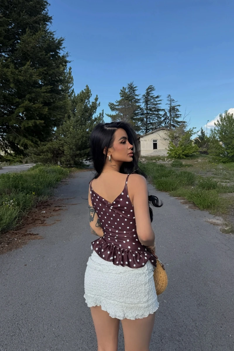 Kahve Omuz Bağcıklı Puantiyeli Bluz