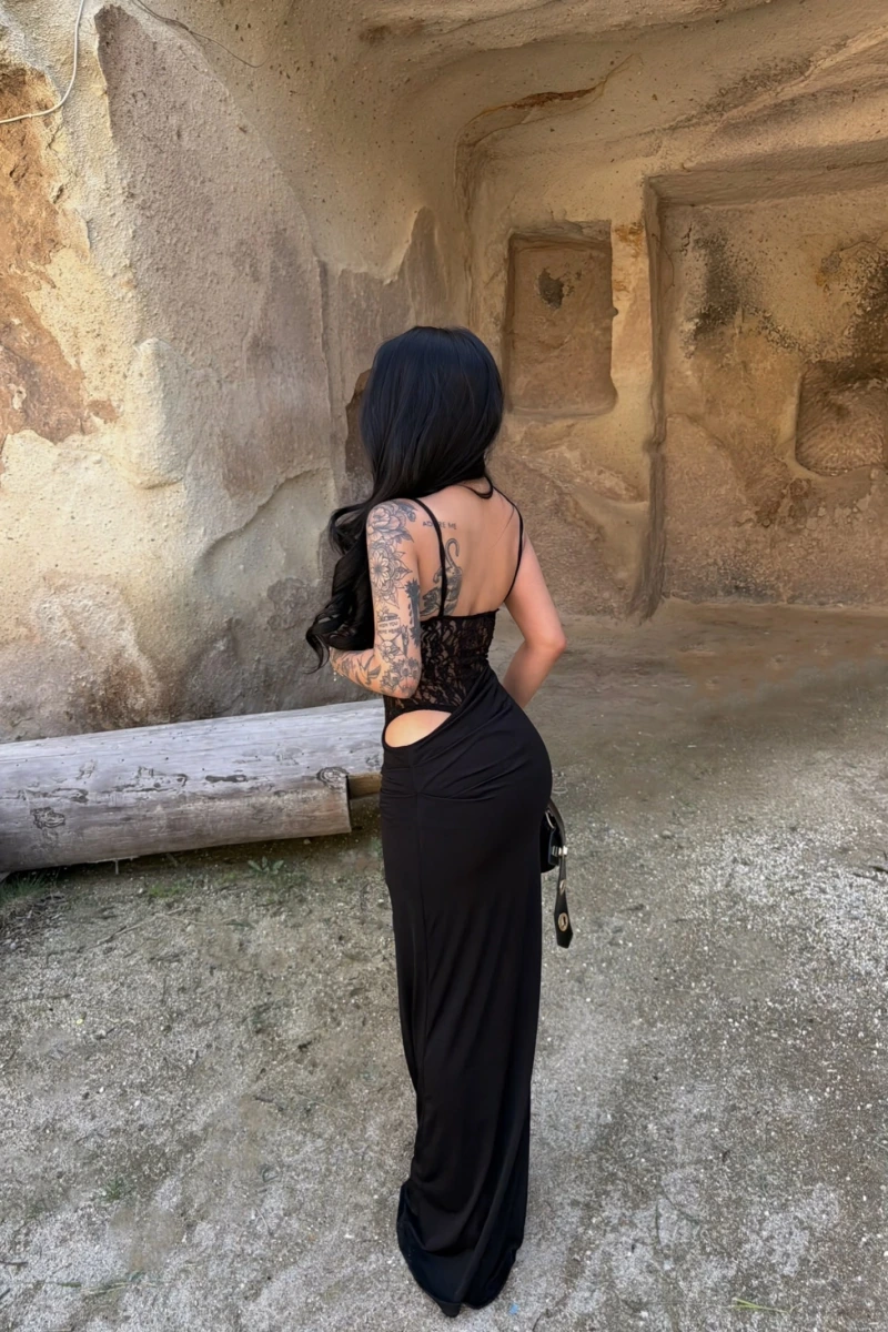 Siyah Güpür Korseli Maxi Elbise