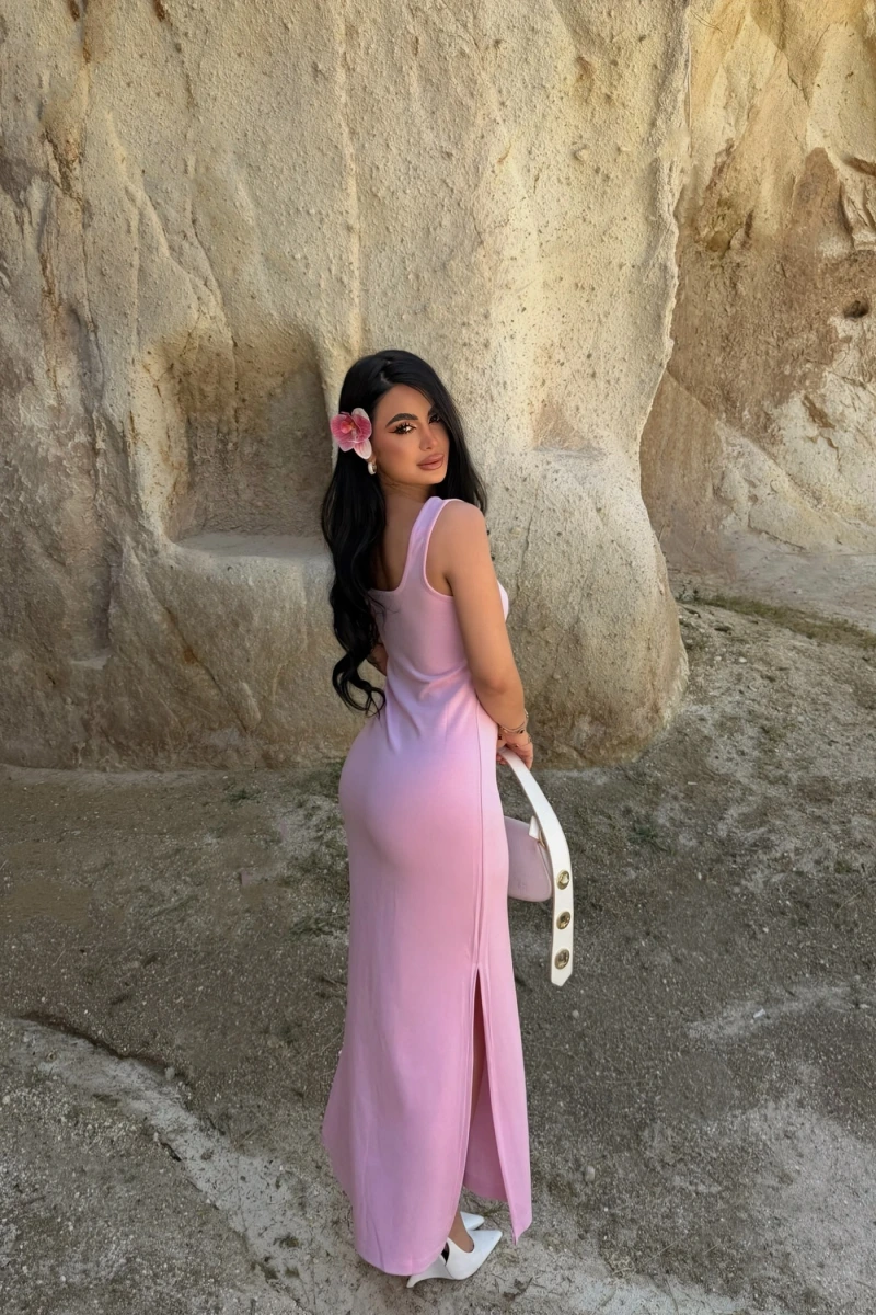 Pembe Çift Yırtmaçlı Modal Elbise