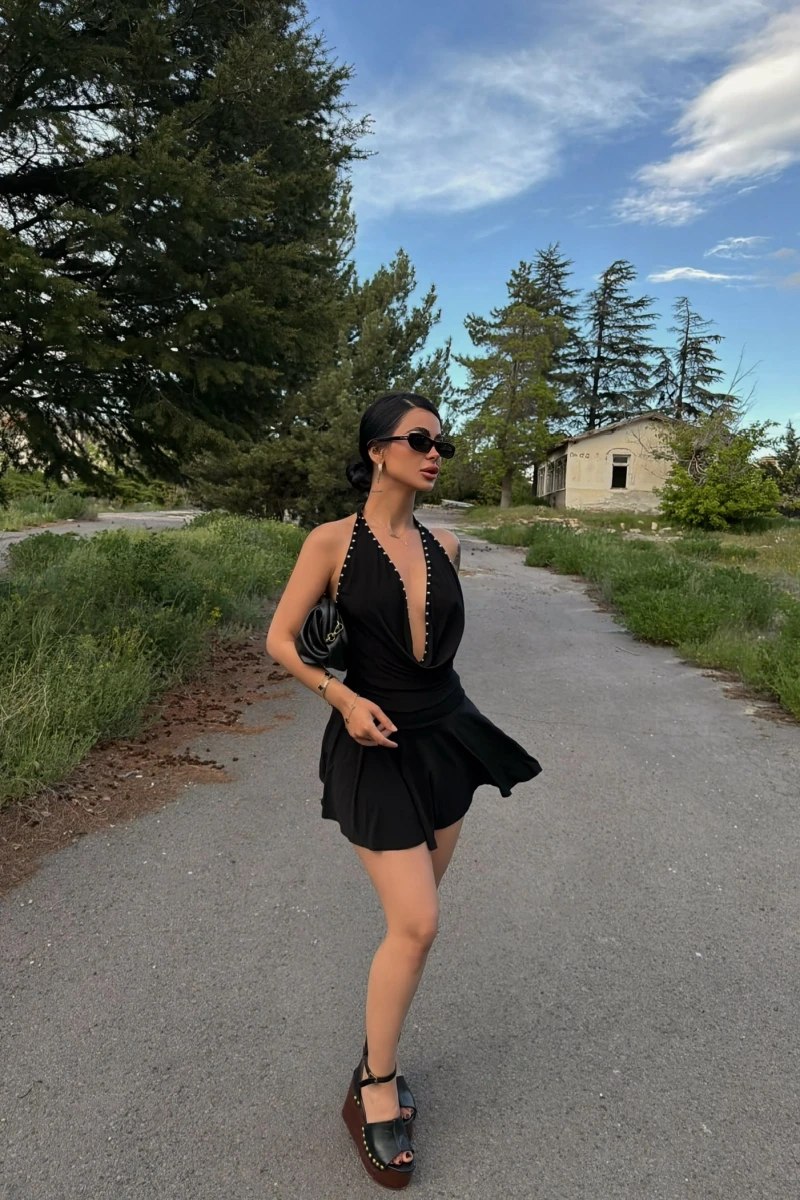 Siyah Degaje Droplu Şortlu Elbise