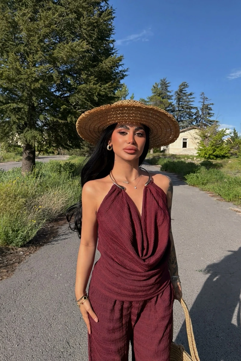 Bordo Boyun Aksesuarlı Degaje Takım