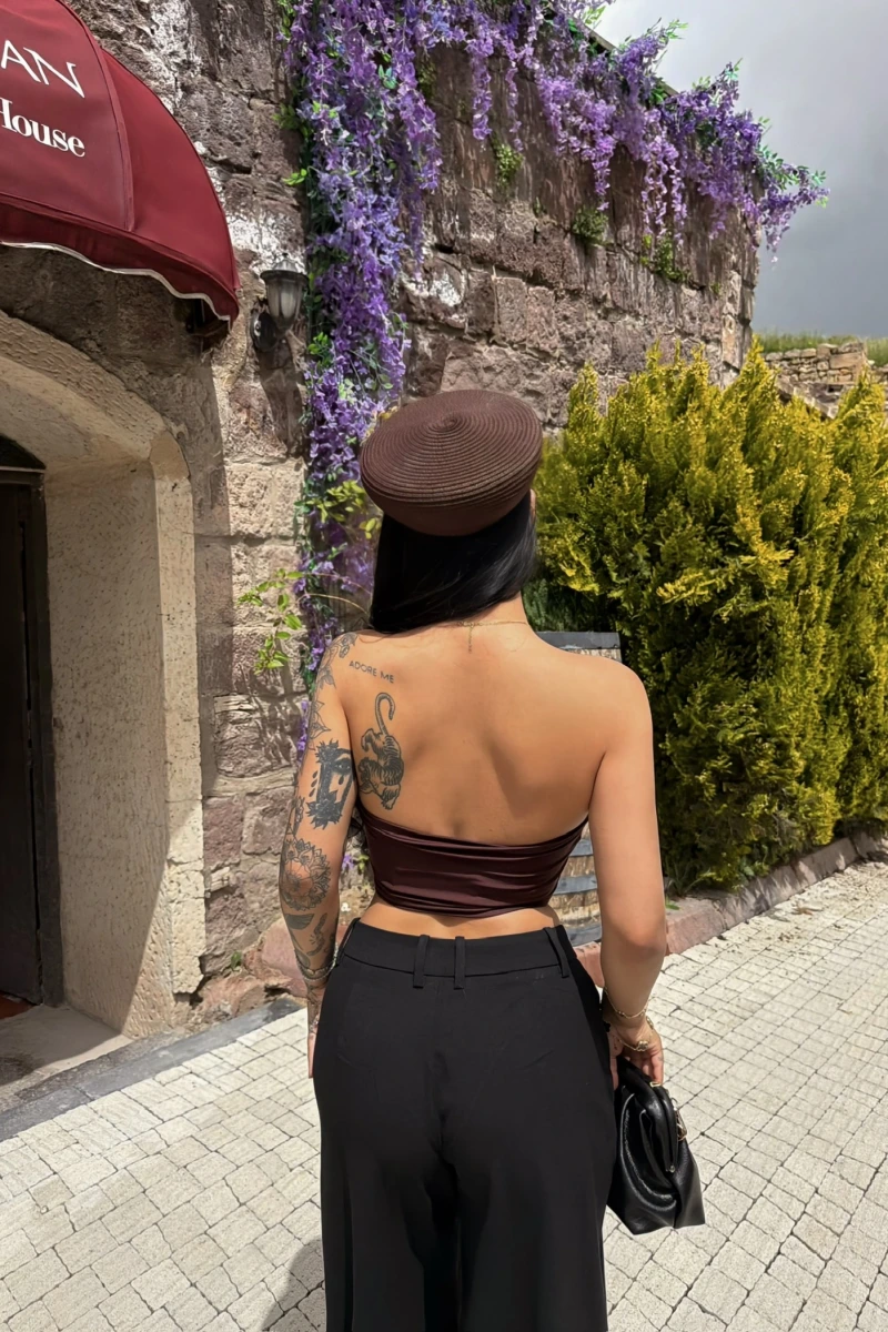Kahve Sırt Dekolte Balenli Korse