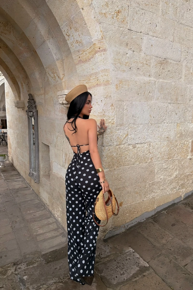 Puantiyeli Siyah Amber Boyundan Geçmeli Tulum