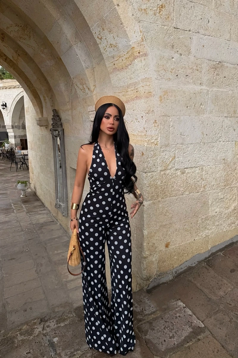 Puantiyeli Siyah Amber Boyundan Geçmeli Tulum