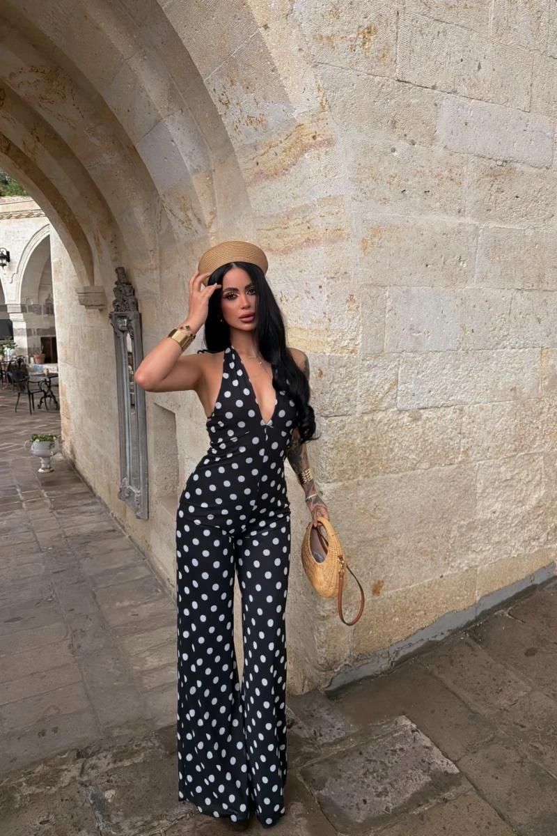 Puantiyeli Siyah Amber Boyundan Geçmeli Tulum
