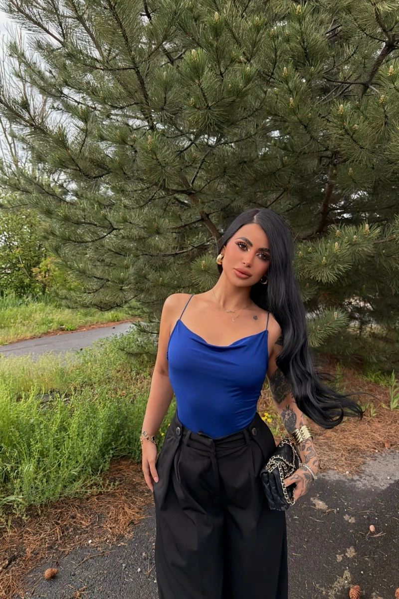 Mavi İp Askılı Degaje Bodysuit