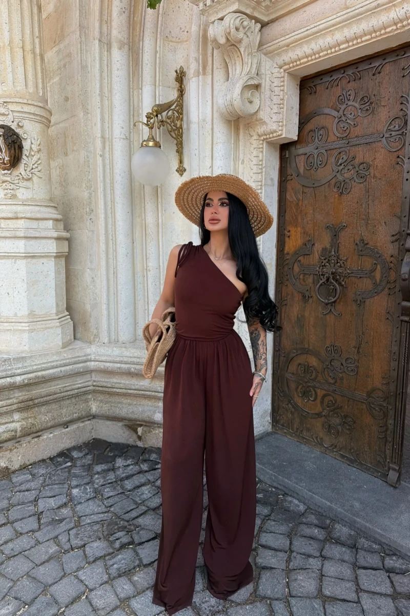 Kahve Tek Omuz Büzgülü Salaş Tulum