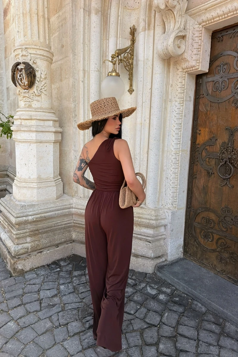 Kahve Tek Omuz Büzgülü Salaş Tulum