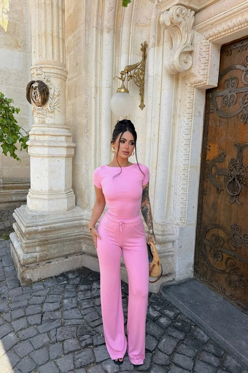 Pembe Kayık Yaka Viskon İkili Takım