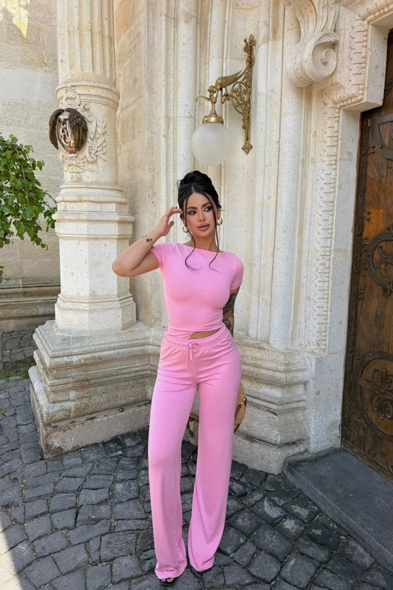 Pembe Kayık Yaka Viskon İkili Takım