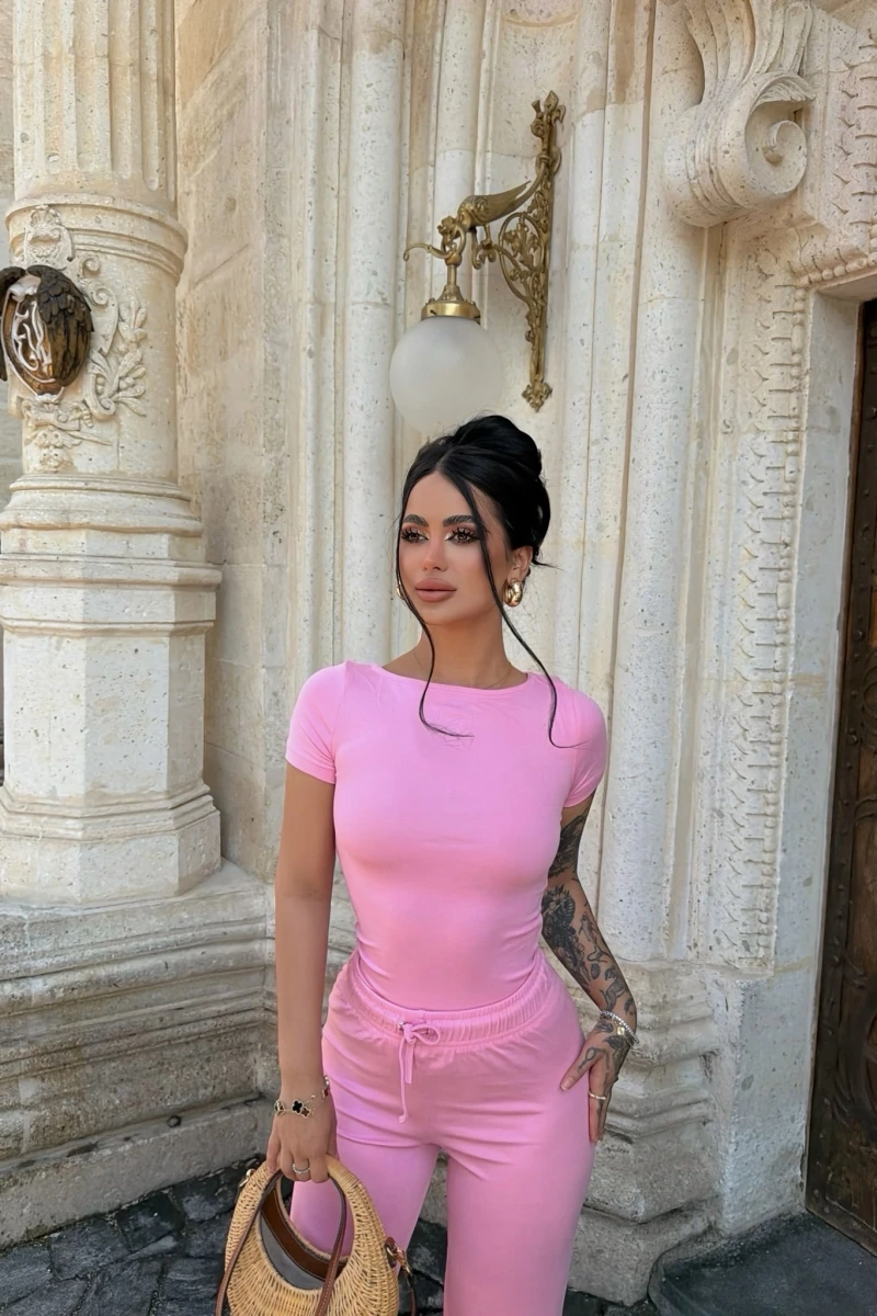 Pembe Kayık Yaka Viskon İkili Takım